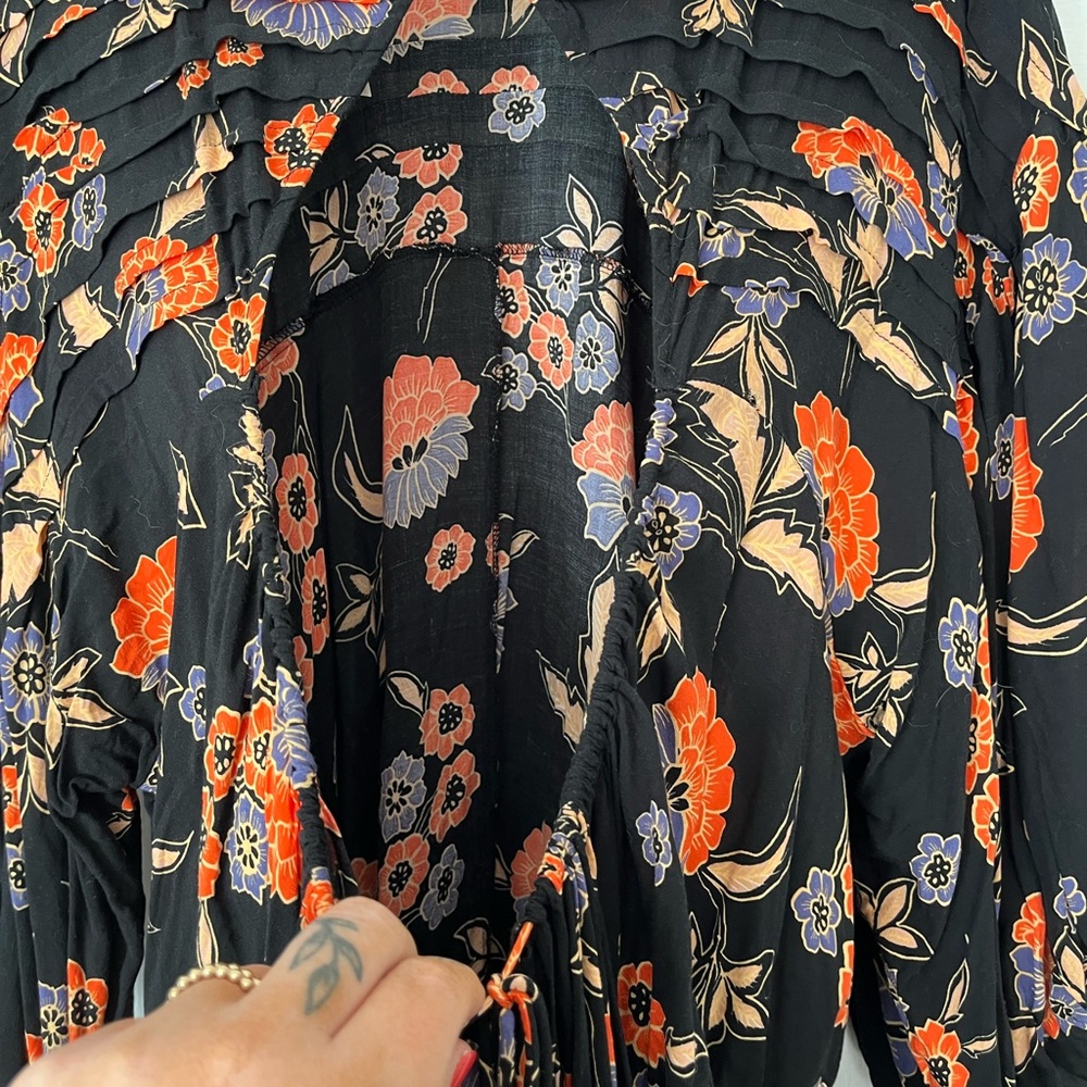 Free People Black Floral Print Tunic Mini Dress Open Back Size XL - Picture 3 of 4